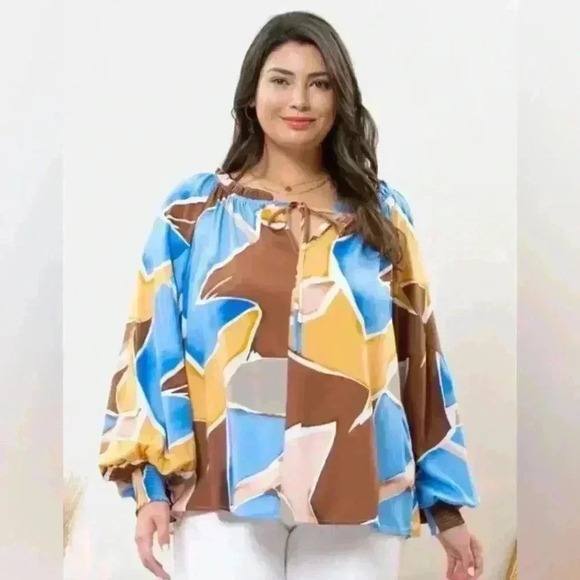 Womens Abstract Peasant Brown Gold Blue Pink Long Sleeve Perch Blouse 2X - Picture 1 of 11